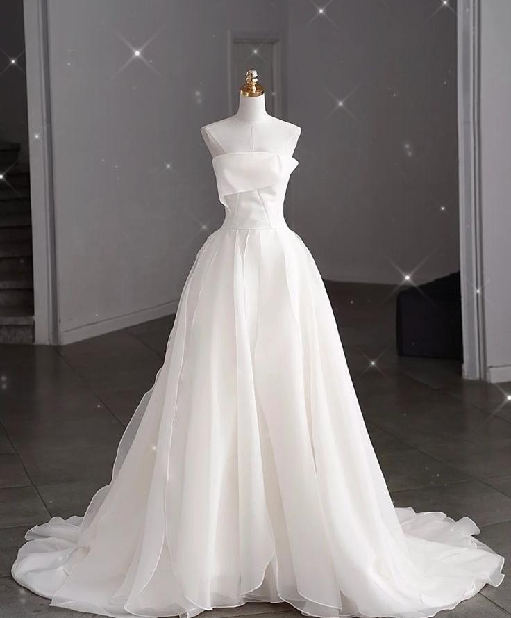 Vestido de fiesta largo de gasa blanca, sencillo, sin tirantes, corte A, para novia o noche, GG489