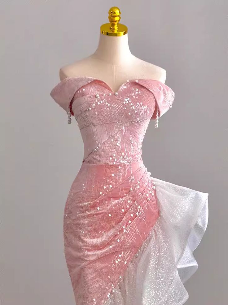 Vestido de fiesta largo elegante de sirena con hombros descubiertos, satén rosa, lentejuelas y perlas, vestido de noche GG497