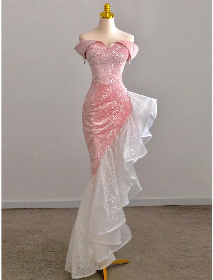 Vestido de fiesta largo elegante de sirena con hombros descubiertos, satén rosa, lentejuelas y perlas, vestido de noche GG497