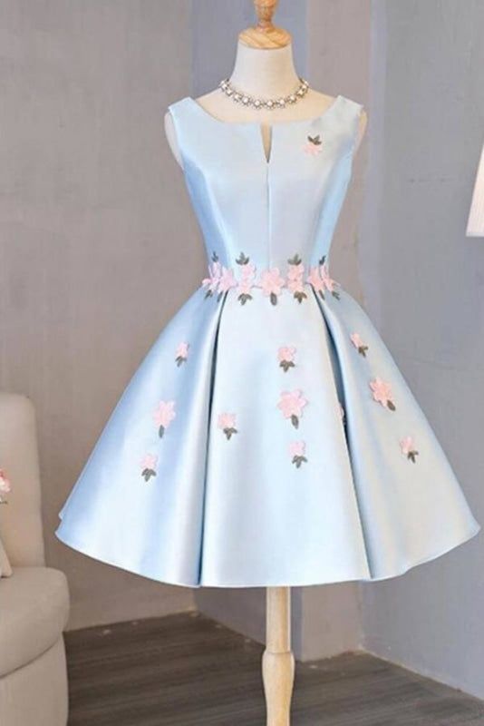 Vestido de fiesta corto de satén azul claro, sin mangas, corte A, con apliques, para regreso a casa y noche, GG510