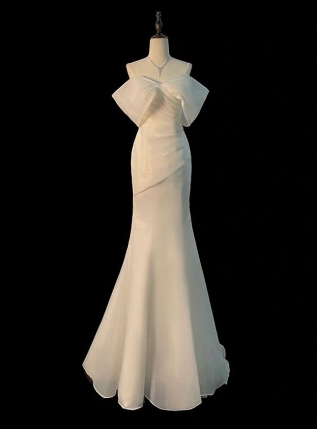Vestido de fiesta largo de satén blanco con hombros descubiertos y corte sirena, vestido de noche GG511