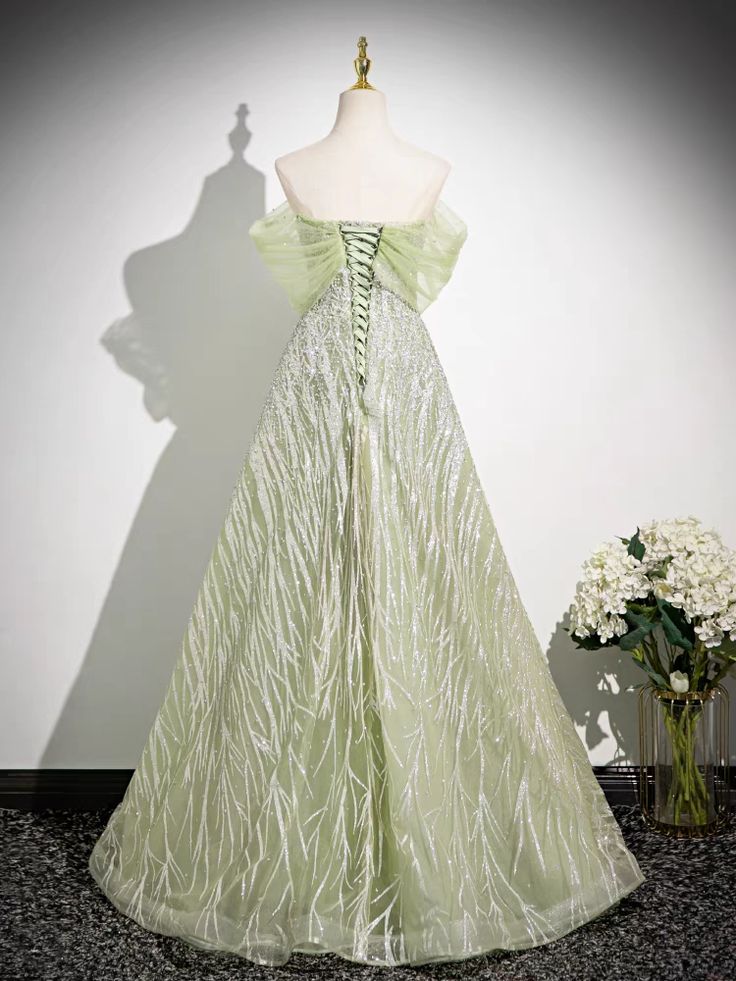 Vestido de fiesta largo de tul con hombros descubiertos y cuentas, corte en A, brillante, vestido de noche GG521