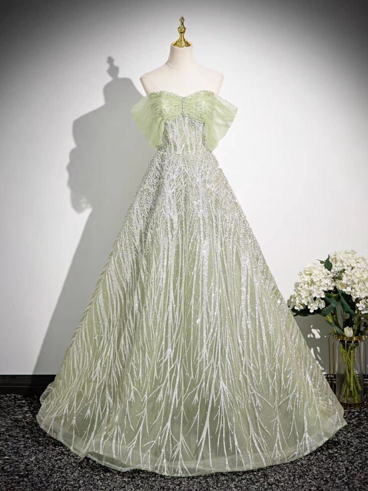 Vestido de fiesta largo de tul con hombros descubiertos y cuentas, corte en A, brillante, vestido de noche GG521