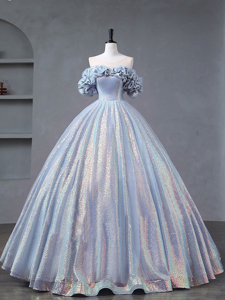 Vestido de fiesta largo con lentejuelas y tul azul y morado, hombros descubiertos, GG532