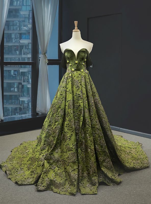 Hermoso vestido de fiesta largo de terciopelo verde con hombros descubiertos y apliques bordados, vestido de noche GG534