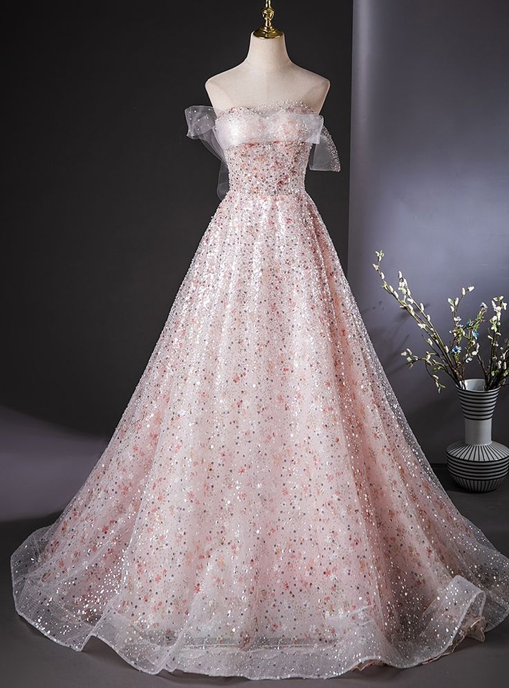Elegante vestido de fiesta largo de tul rosa con lentejuelas y hombros descubiertos, vestido de noche GG562