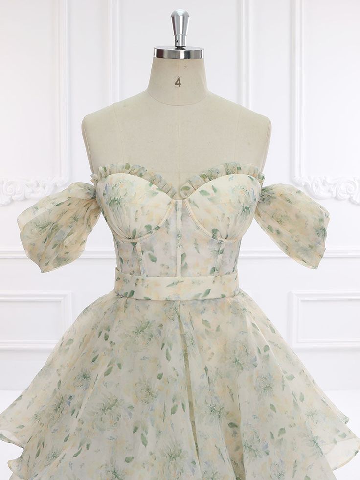 Elegante vestido de fiesta largo de gasa con estampado floral y hombros descubiertos, vestido de noche GG575