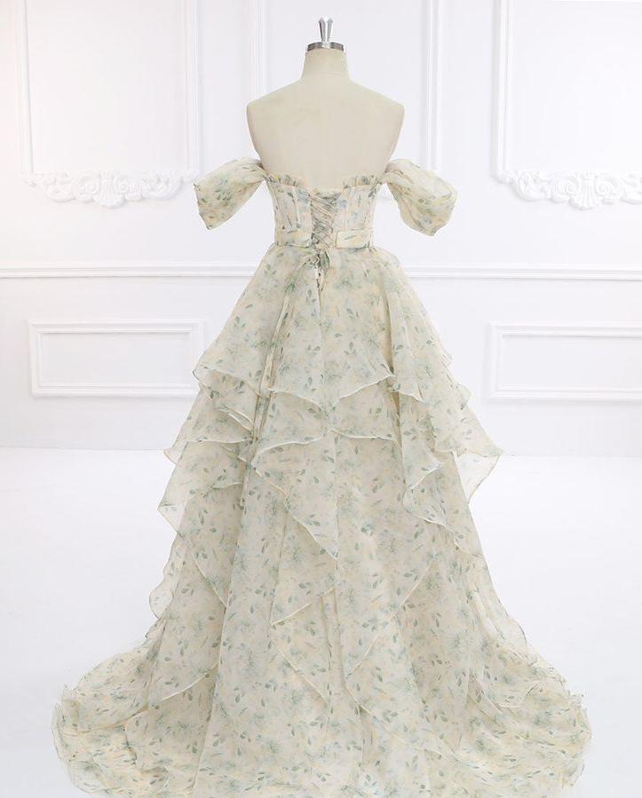 Elegante vestido de fiesta largo de gasa con estampado floral y hombros descubiertos, vestido de noche GG575