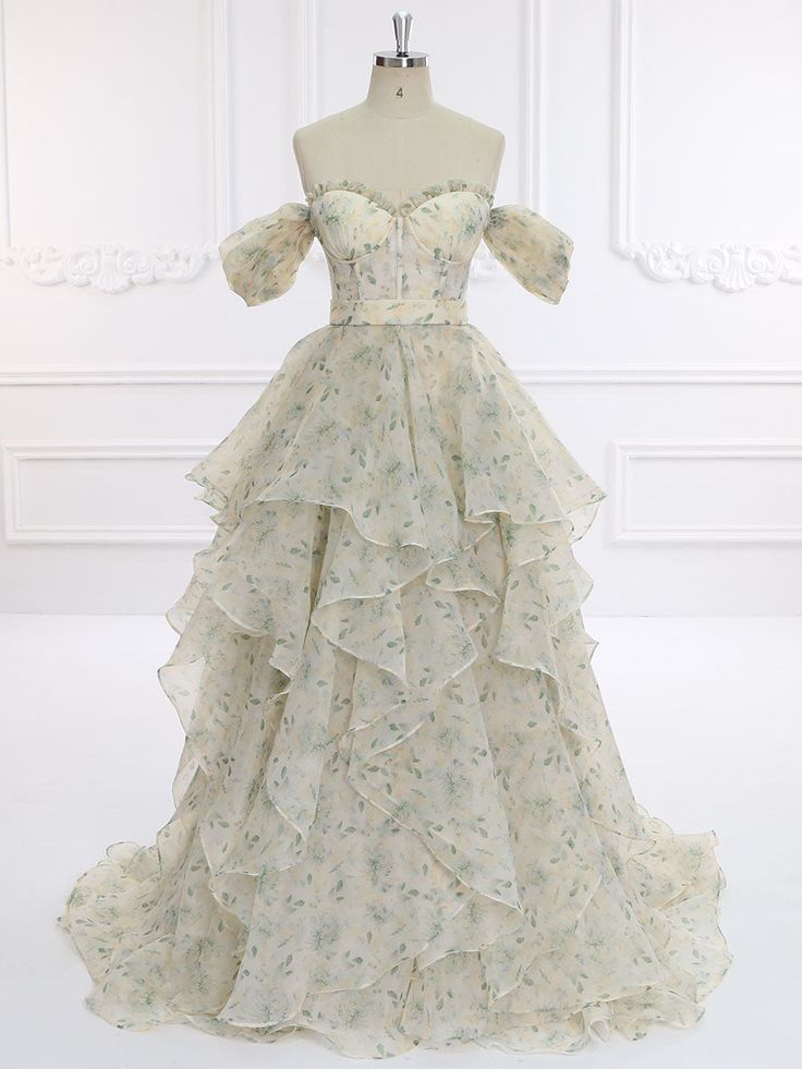 Elegante vestido de fiesta largo de gasa con estampado floral y hombros descubiertos, vestido de noche GG575