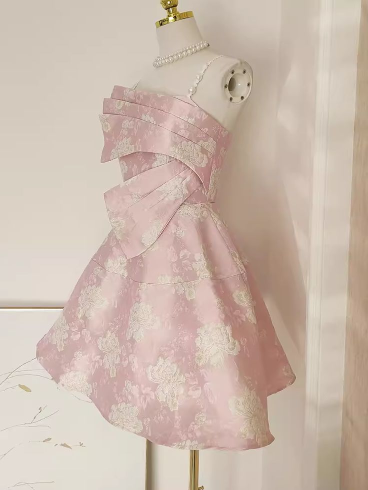 Exquisito vestido de fiesta corto de satén rosa con tirantes de perlas y corte en A, vestido de regreso a casa y vestido de noche GG598