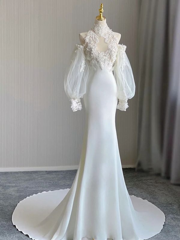 Hermoso vestido de fiesta largo de sirena con cuello halter, apliques de encaje y mangas largas de tul, vestido de novia y vestido de noche GG611