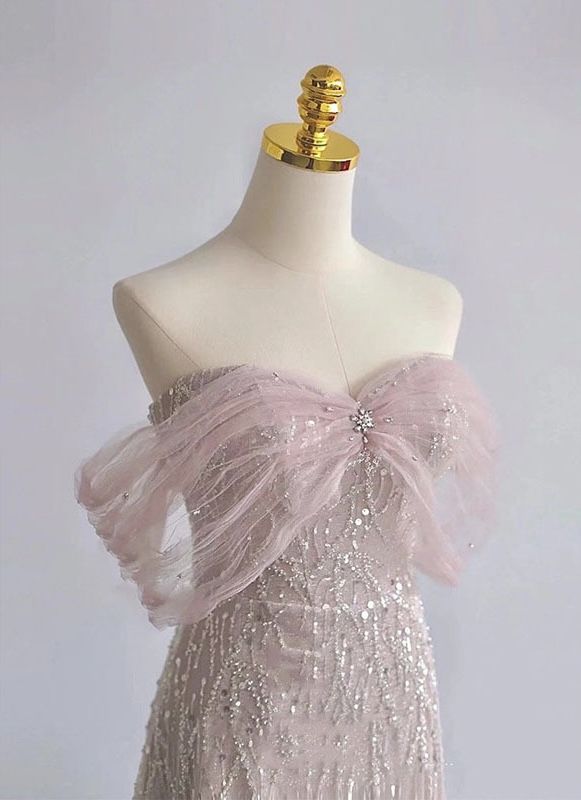 Exquisito vestido de fiesta largo de tul con cuentas y lentejuelas rosas, corte A y hombros descubiertos, vestido de noche GG689