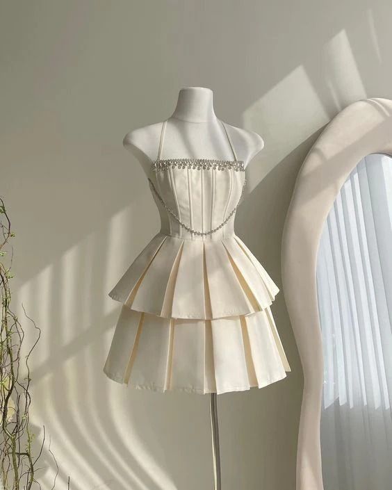 Vestido de fiesta corto color marfil con escote halter, de satén y cuentas, vestido de regreso a casa y vestido de noche GG710