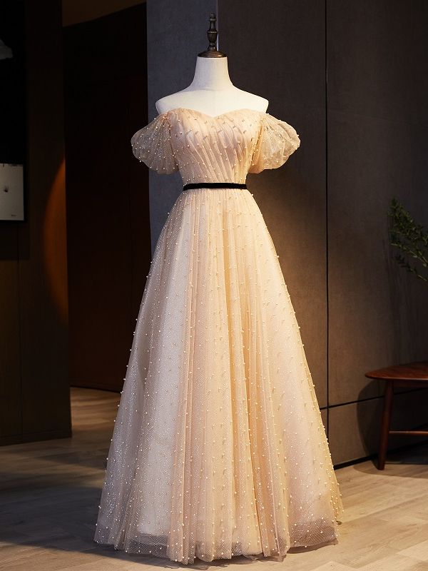 Vestido de fiesta largo elegante de corte A con hombros descubiertos, tul champán y perlas, vestido de noche GG732