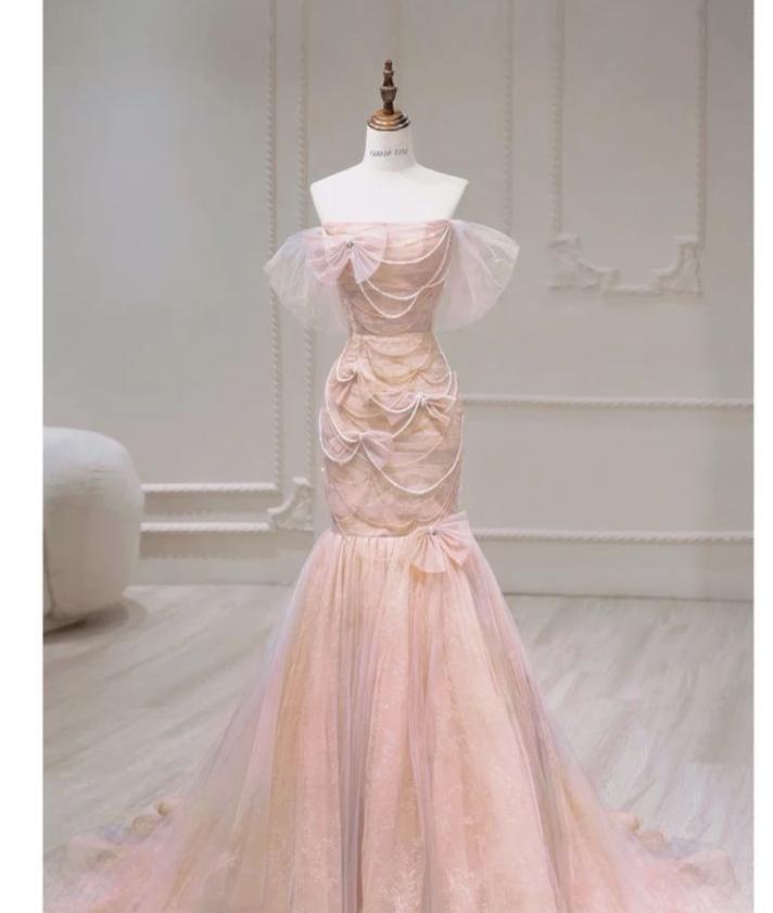 Vestido de fiesta largo de sirena con hombros descubiertos y lazo de tul rosa suave, vestido de noche GG741