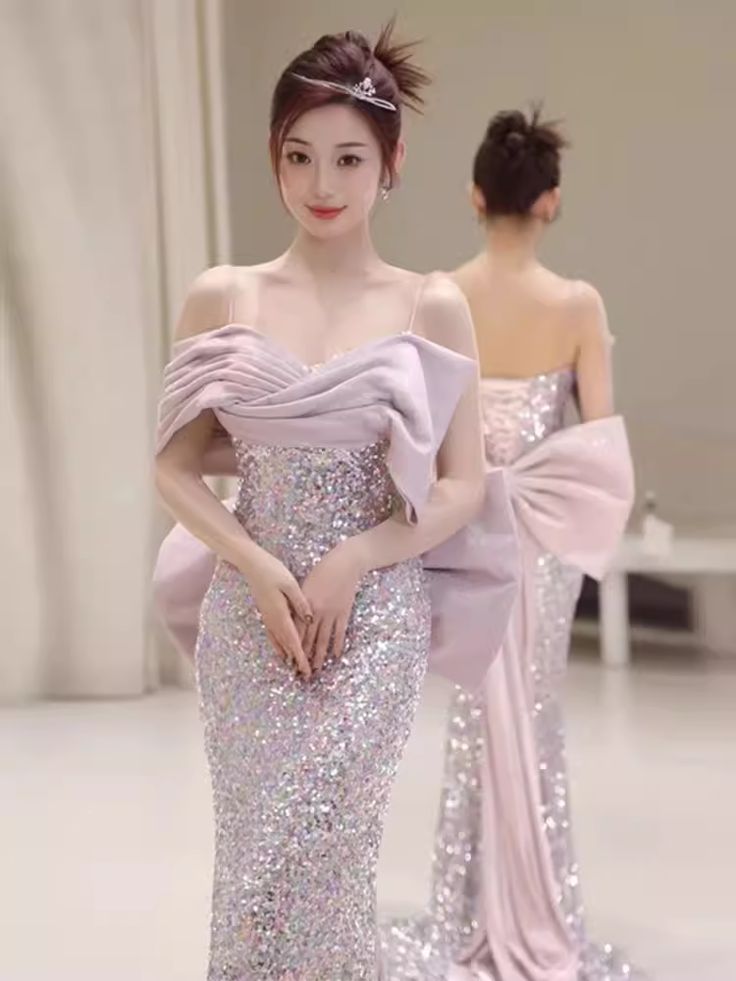 Vestido de fiesta largo estilo sirena con hombros descubiertos y lentejuelas, lazo en la espalda, estilo princesa, vestido de noche GG807