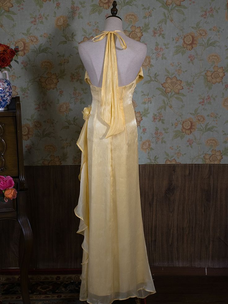 Vestido de fiesta largo de gasa amarilla con cuello halter y elegante corte sirena, vestido de noche GG879