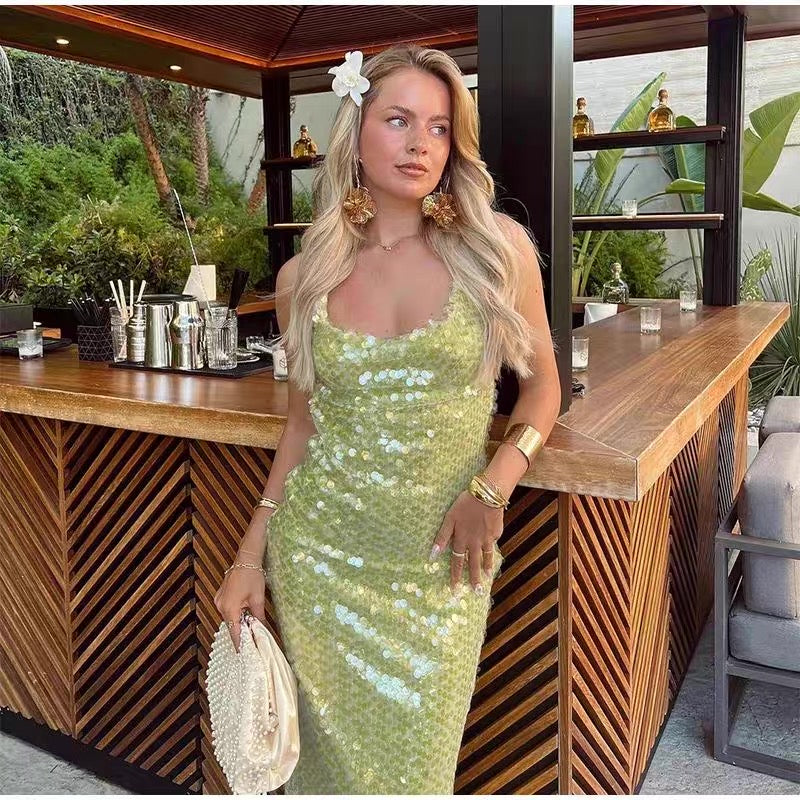 Vestido de fiesta largo de sirena con tirantes finos, lentejuelas y espalda descubierta, vestido de noche GG921