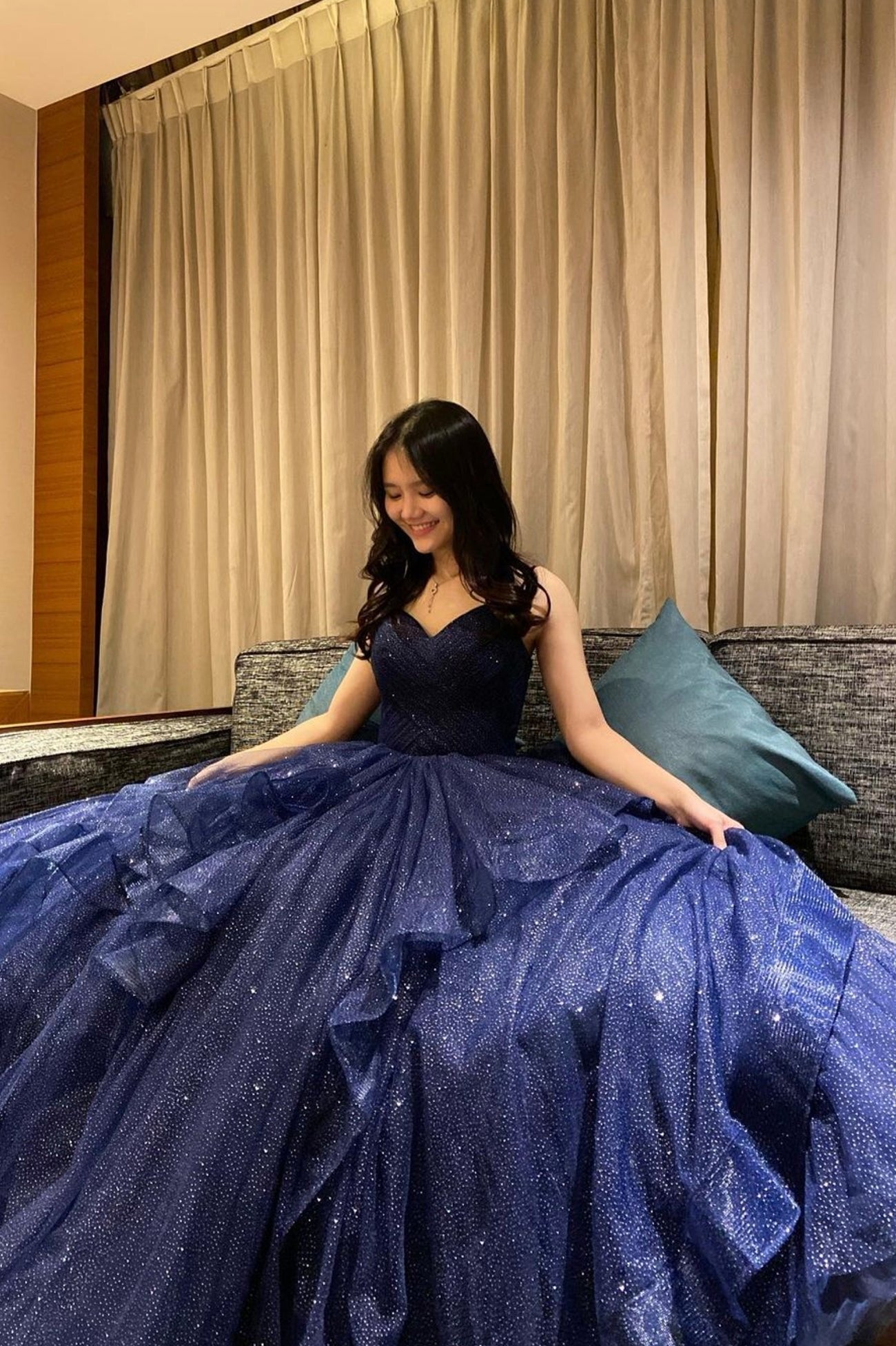 Glitter Dark Blue Ruched Tulle Long Prom Dresses, Shiny Formal Gown GP700