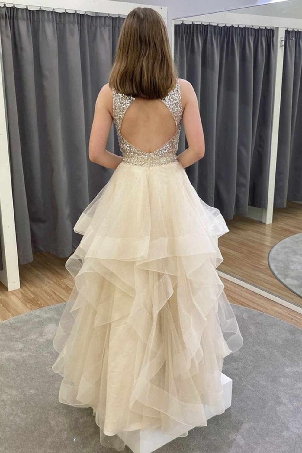 Gorgeous Open Back Beaded Fluffy Long Prom Dress, Graduation Gown GP181