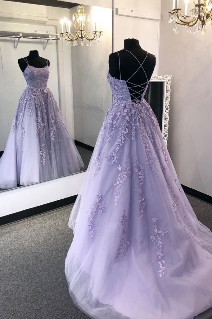Vestidos de fiesta con apliques de encaje lila, vestido de noche formal con espalda abierta y cola