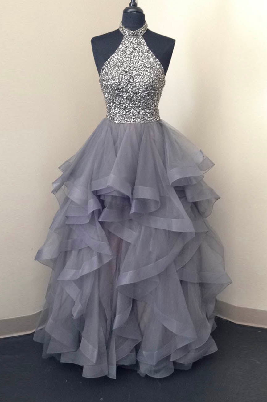Gray Tulle Beads Long Prom Dress, Stylish Graduation Evening Gown GP341