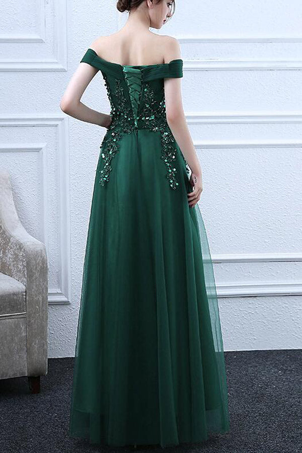 Emerald Green Tulle Off The Shoulder Prom Dresses With Appliques,WP371