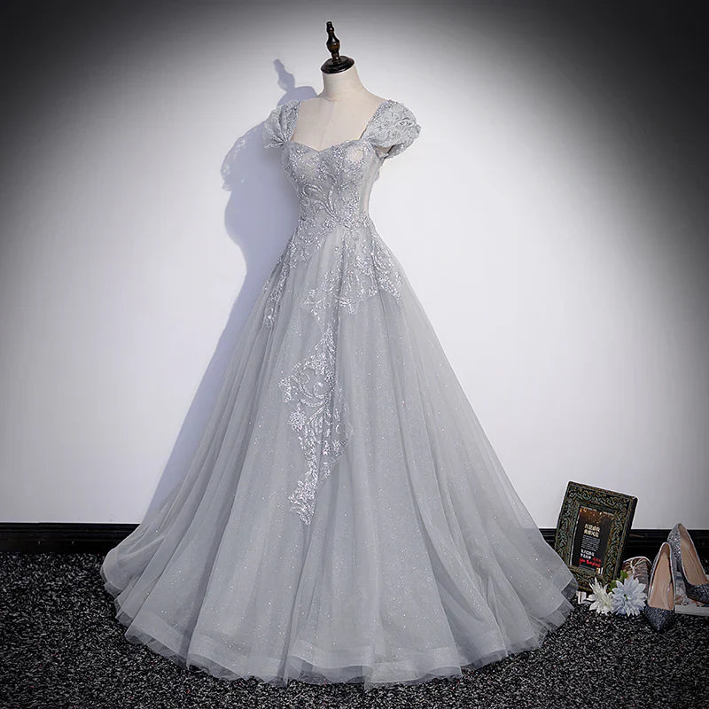 Grey Sweetheart Lace And Tulle A-Line Evening Dress, Light Grey Prom Dress gh54