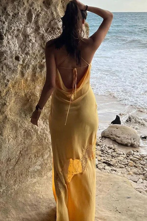 Sexy Satin Lace Splicing Long Evening Dress Yellow Prom Dress SH971