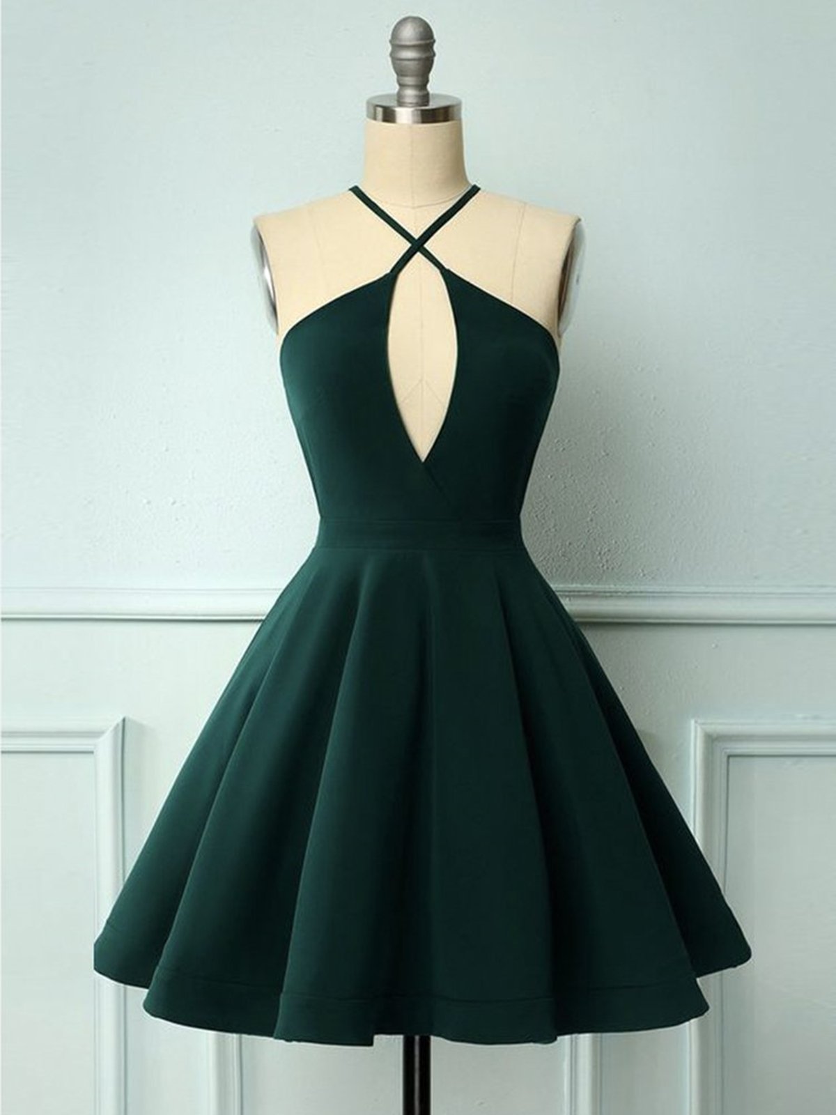 Vestidos de fiesta cortos verde oscuro con cuello halter, vestidos formales cortos verde oscuro para graduación y regreso a casa.