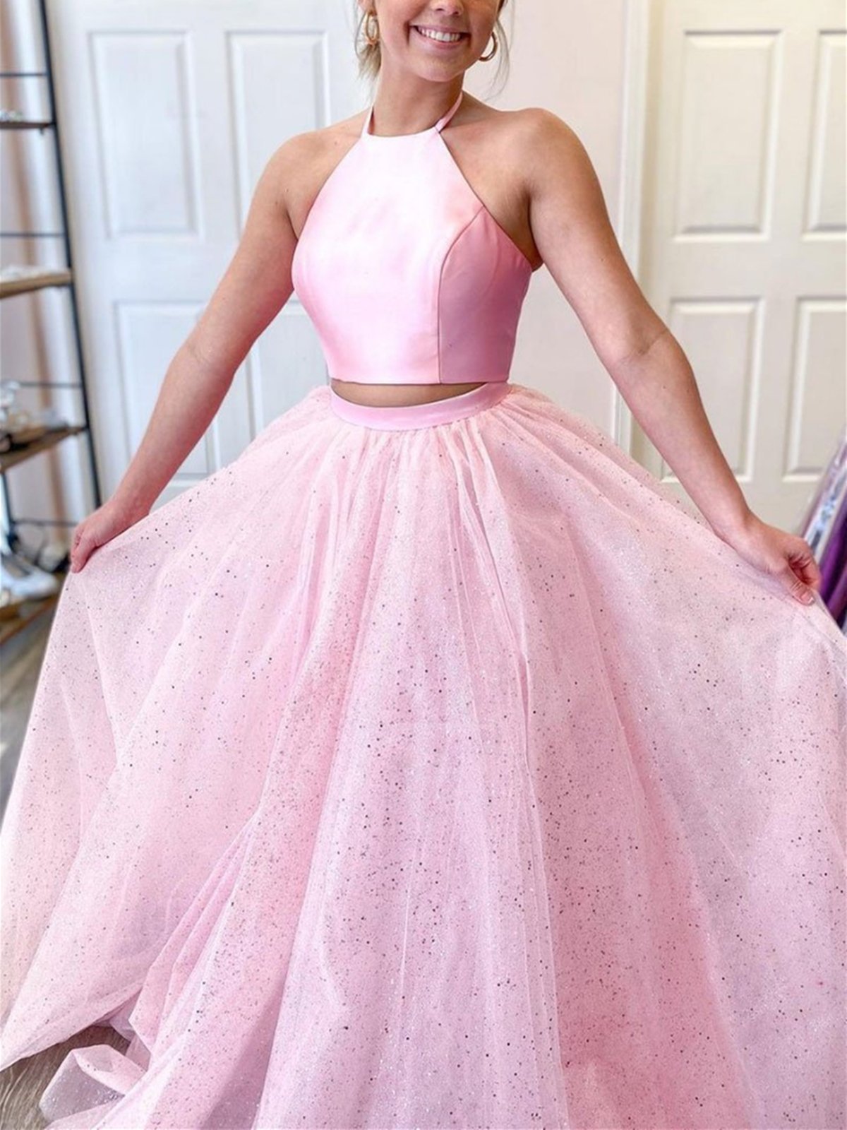 Two Pieces Pink Long Prom Dresses Sparkly Halter Neck Formal Gown GP105