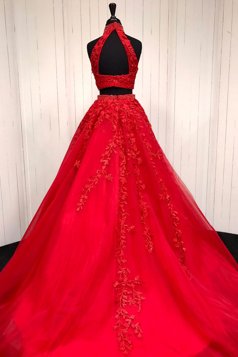Halter Two Piece Tulle Red Long Prom Dress With Beaded Appliques GP35
