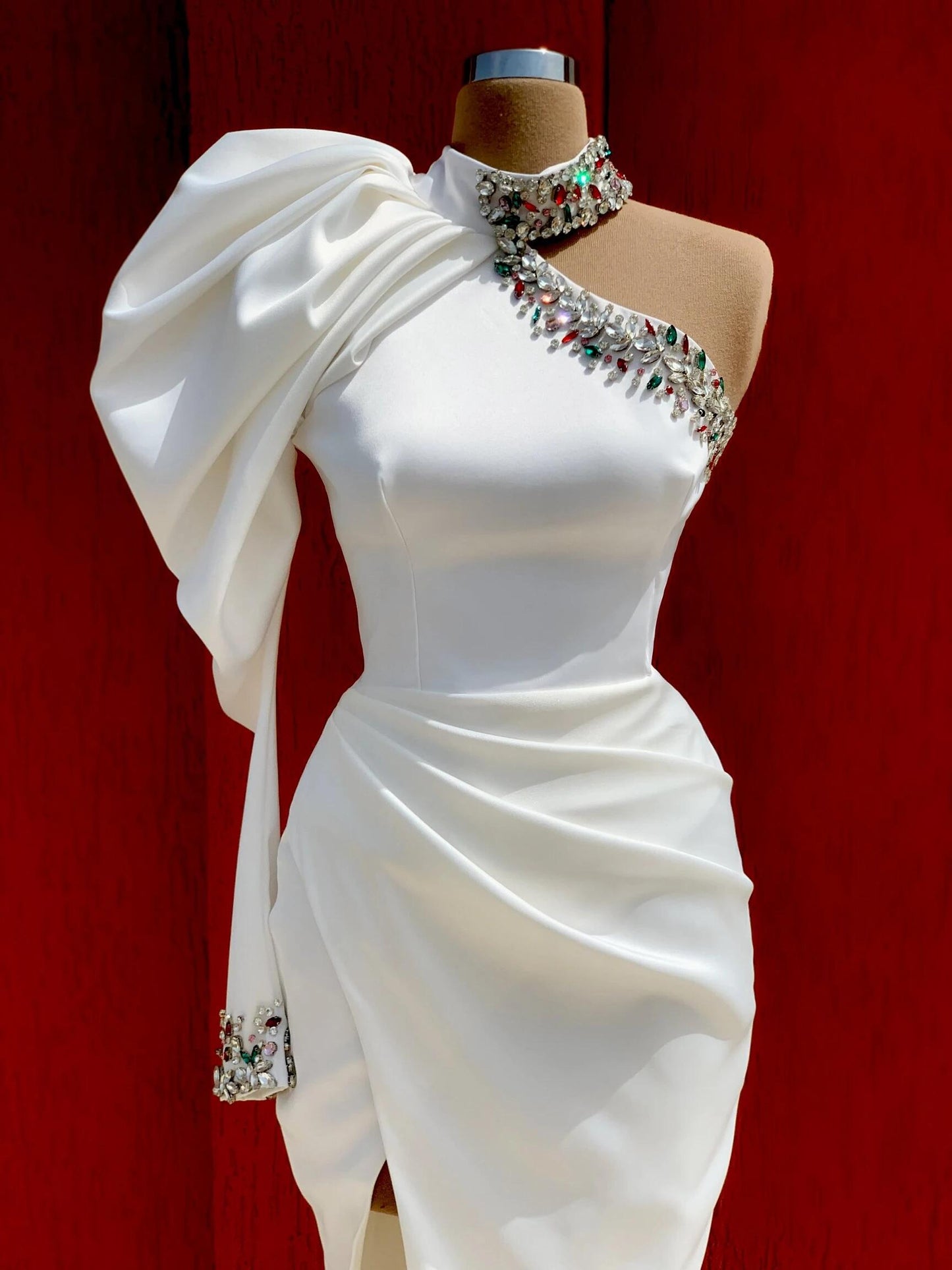 Yellow White Long Sleeves Satin Cocktail Dresses High Neck One Shoulder Crystal Slit Party Formal Prom Dresses SA1532