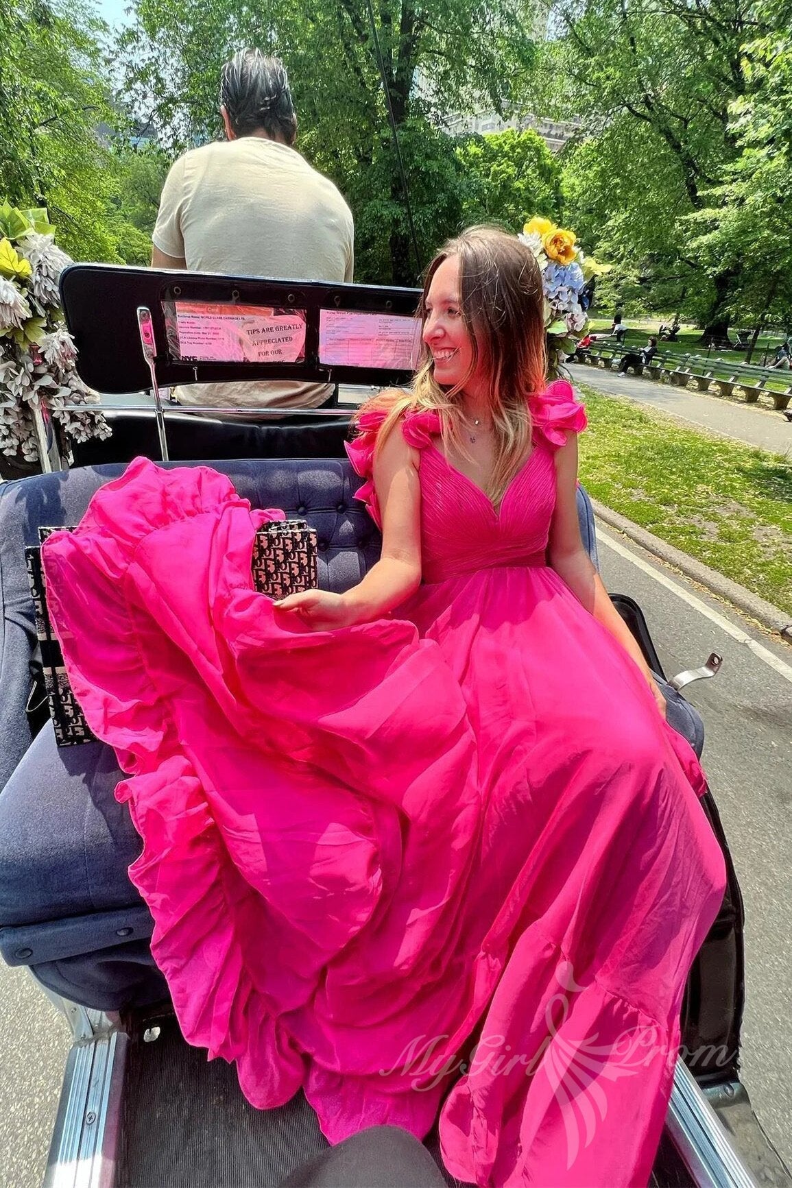 Hot Pink Ruffles Plunging V Neck A-line Chiffon Long Prom Dresses GP579