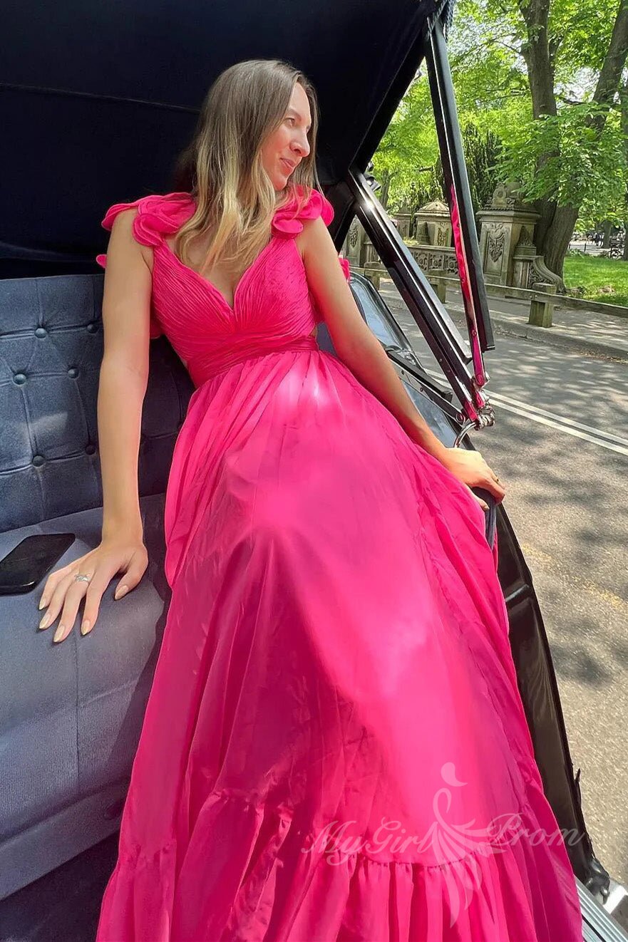 Hot Pink Ruffles Plunging V Neck A-line Chiffon Long Prom Dresses GP579