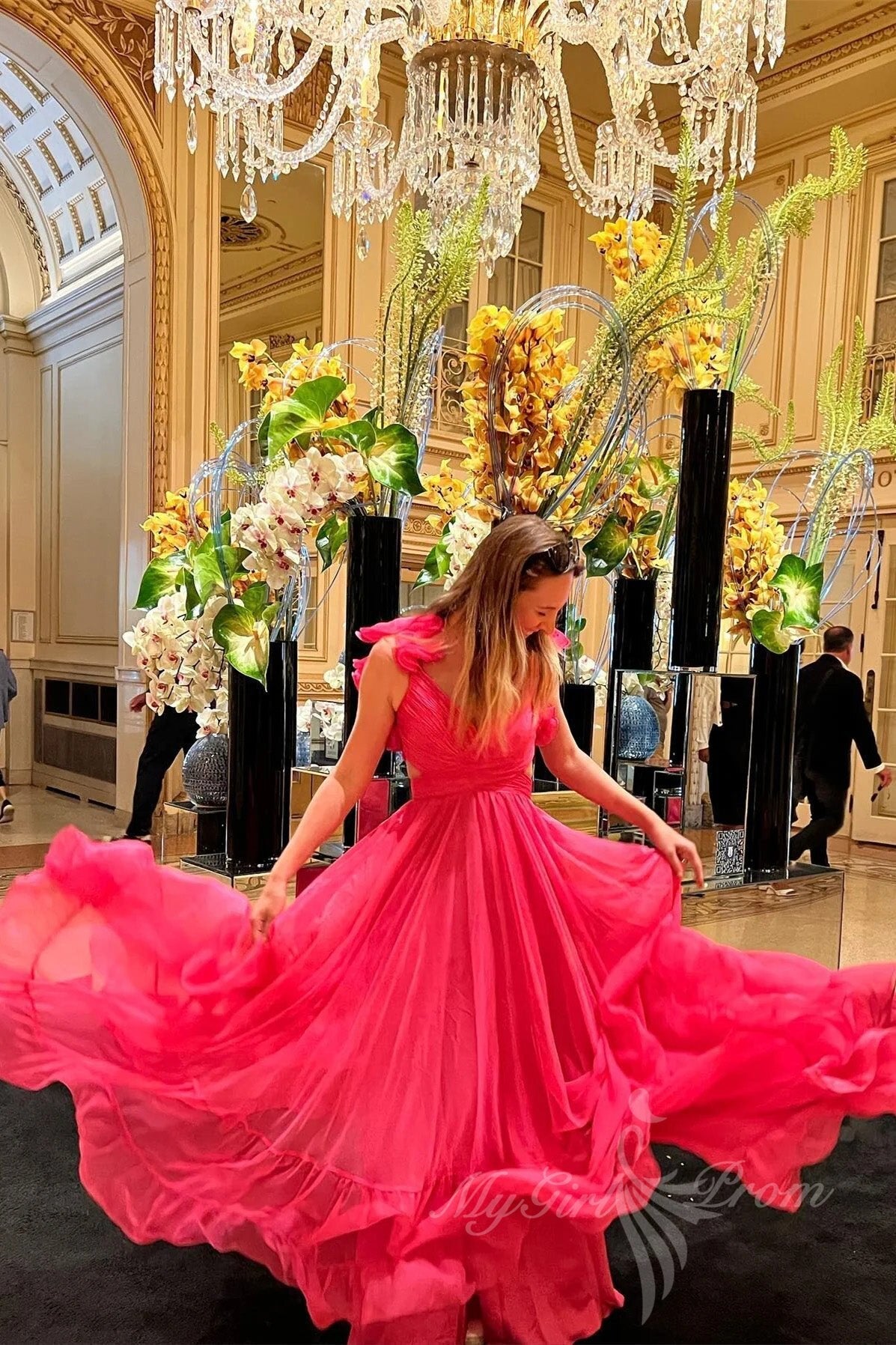 Hot Pink Ruffles Plunging V Neck A-line Chiffon Long Prom Dresses GP579