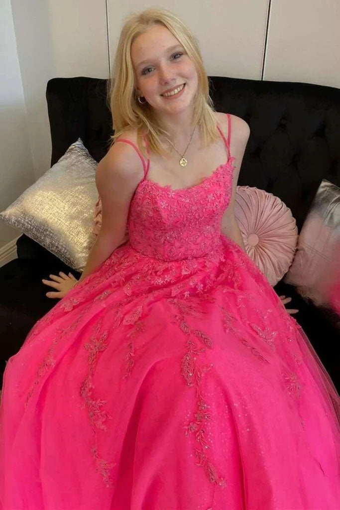 A-line Hot Pink Tulle Lace Appliques Prom Dresses, Long Evening Dresses GP357