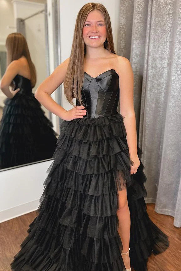 Black Strapless Princess Layered Prom Dress, Black Evening Gown with Slit GP534