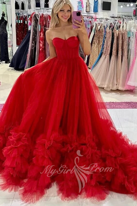 Princess Red Tulle Sweetheart Long Prom Dress, Elegant Formal Gown GP587