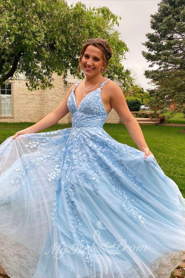 A-Line V-Neck Sleeveless Light Sky Blue Prom Dresses With Applique GP85