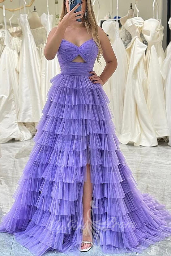 Straps Keyhole Purple Tulle Layered Prom Dresses, Princess Long Formal Gown GP600