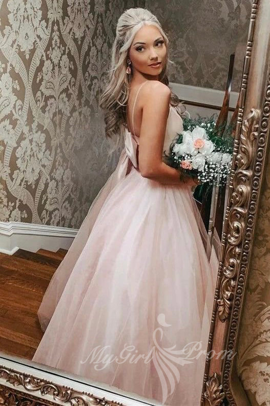 Pink Bowknot Back A-line Long Prom Dress, Elegant Pink Evening Dress GP604