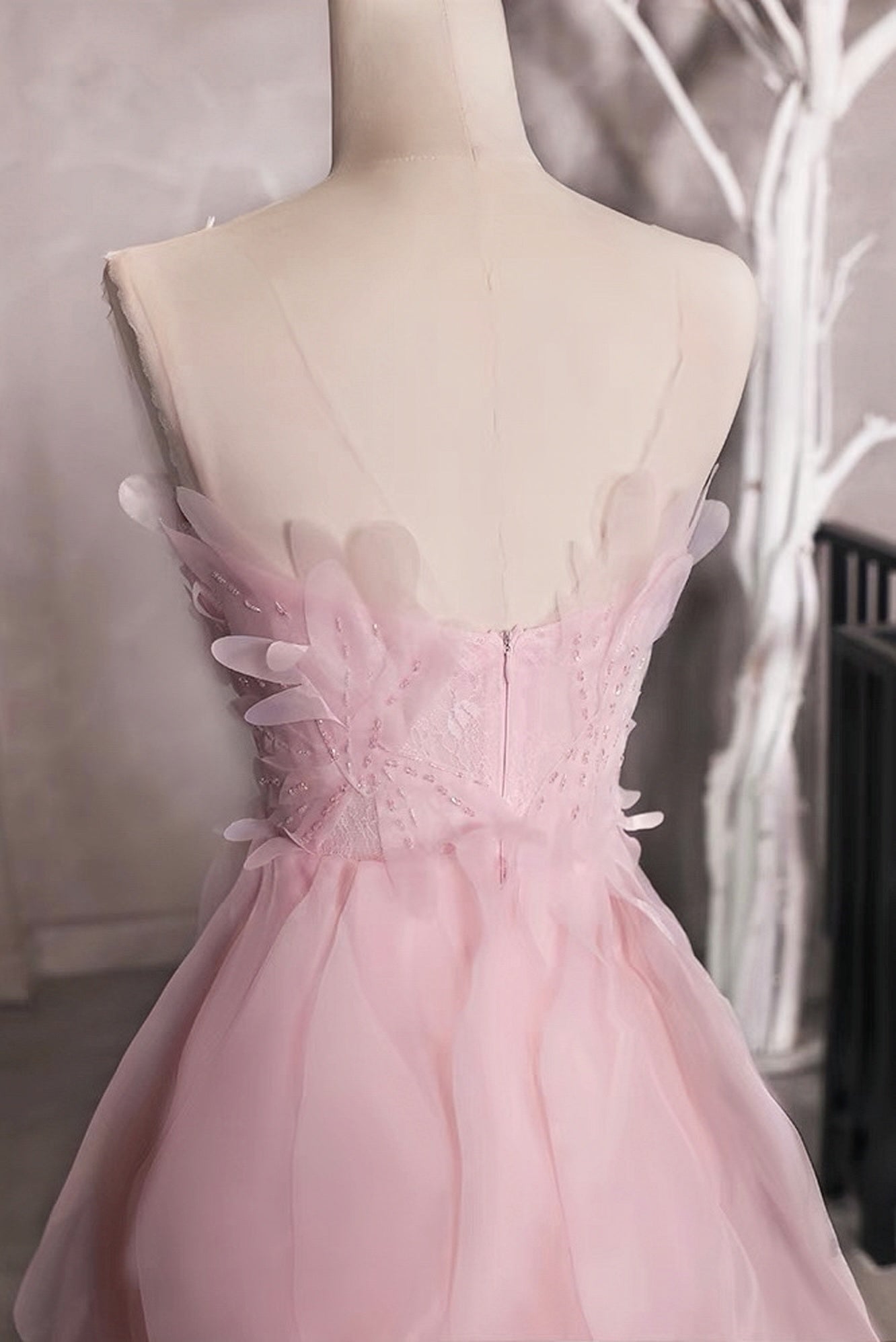Princess Pink Beaded Ruffle Short Prom Dress Organza Homecoming Dress GP701