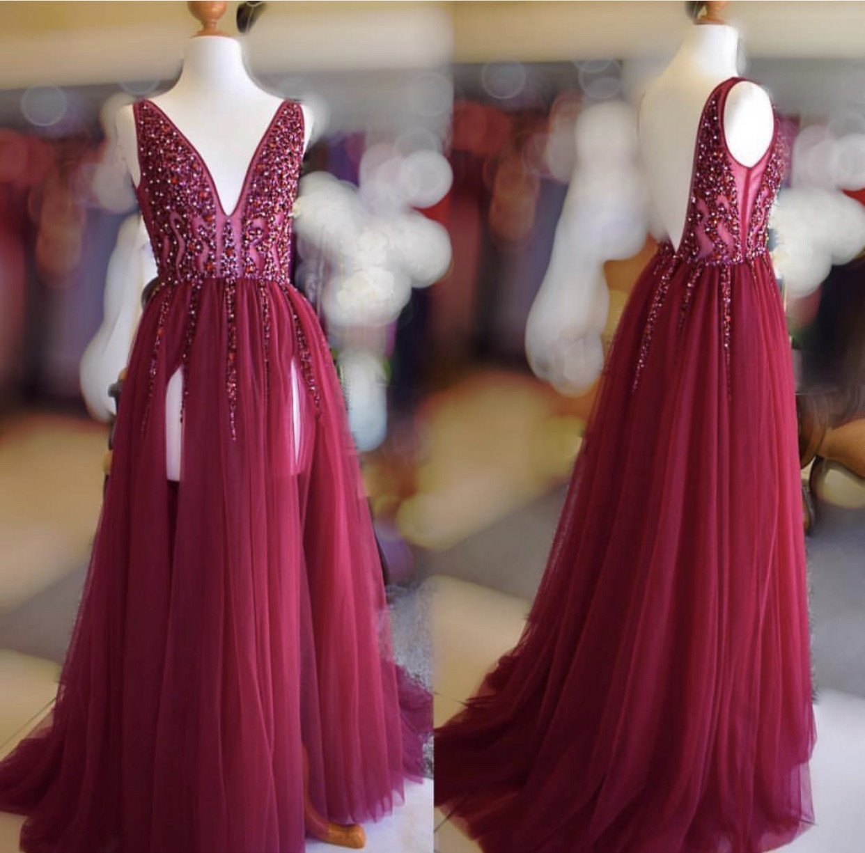Vestidos de fiesta largos de tul con escote en V y lentejuelas con cuentas