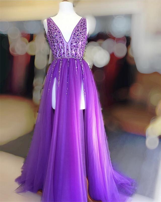 Vestidos de fiesta largos de tul con escote en V y lentejuelas con cuentas
