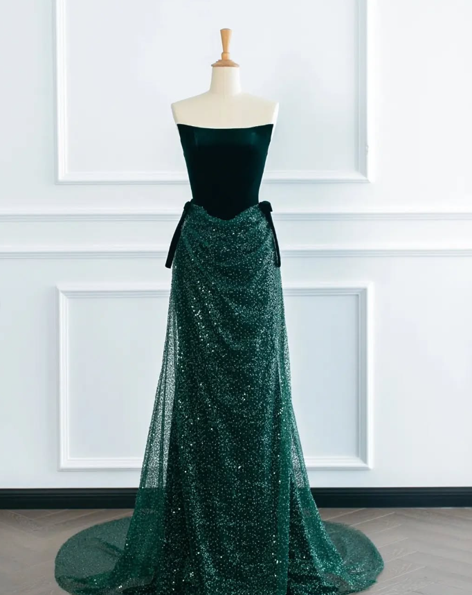 Green A Line Strapless Velvet Sequin Long Sweep Prom Dress Graduation Prom Dress SH2492