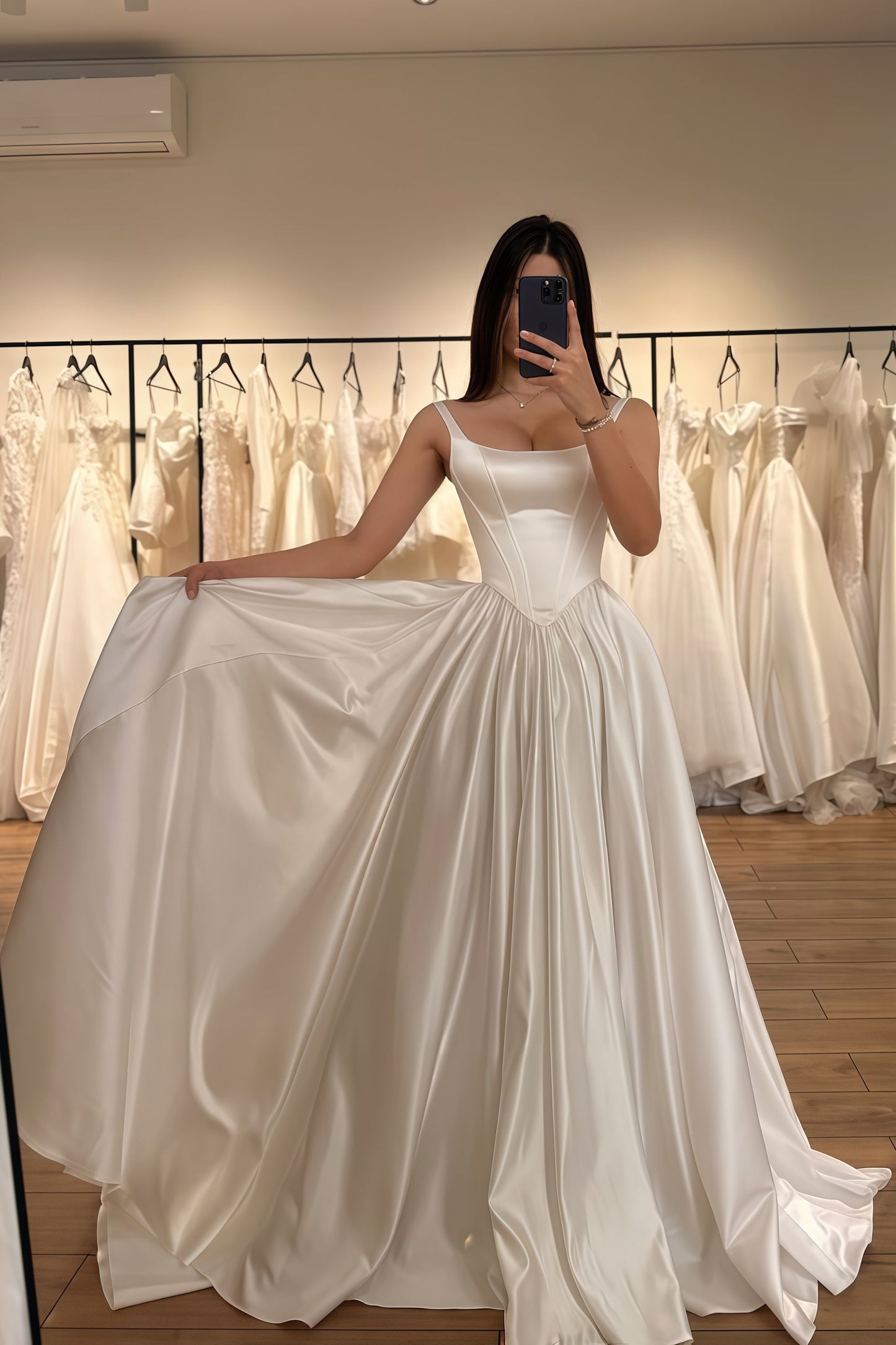 Ivory A-line Satin Wedding Dresses, Square Neck Bridal Gown,AST1785