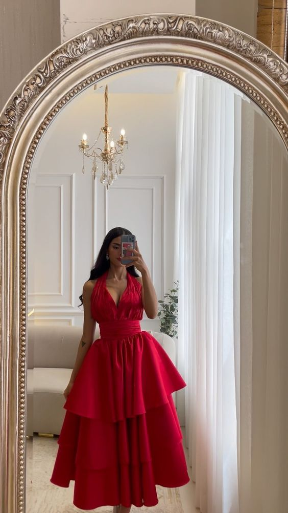 Vestidos de fiesta rojos de corte A, vestido de noche de satén con espalda abierta