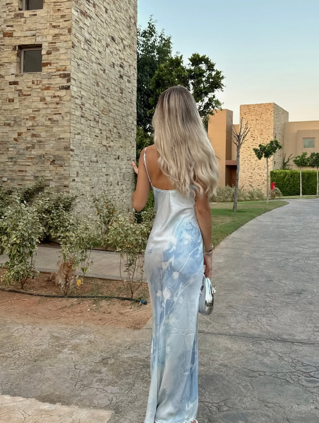 Elegant Blue Print Floral Mermaid Spaghetti Strap Satin Long Party Dress Cocktail Dress SH3592