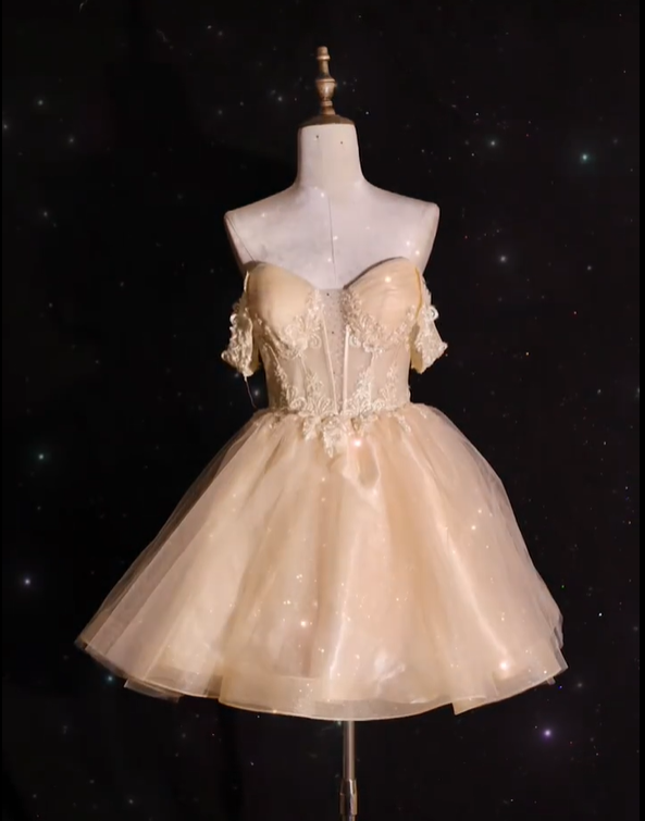 Sparkly Yellow Off The Shoulder Tulle Appliques A Line Homecoming Dress Birthday Dress S974
